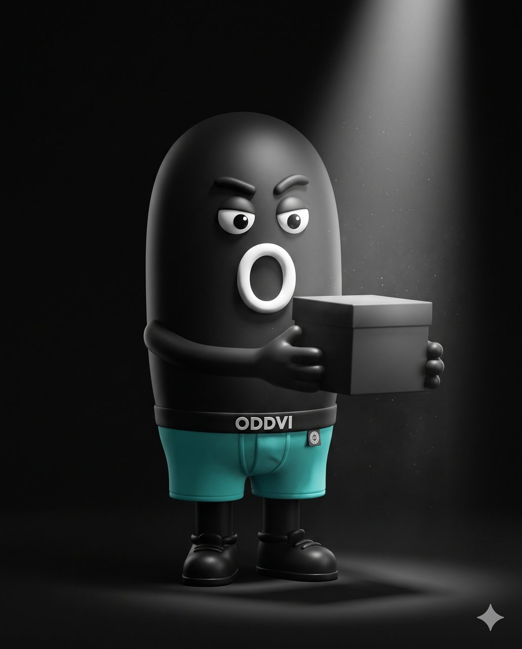 Oddvi holding a mysterious box in a spotlight