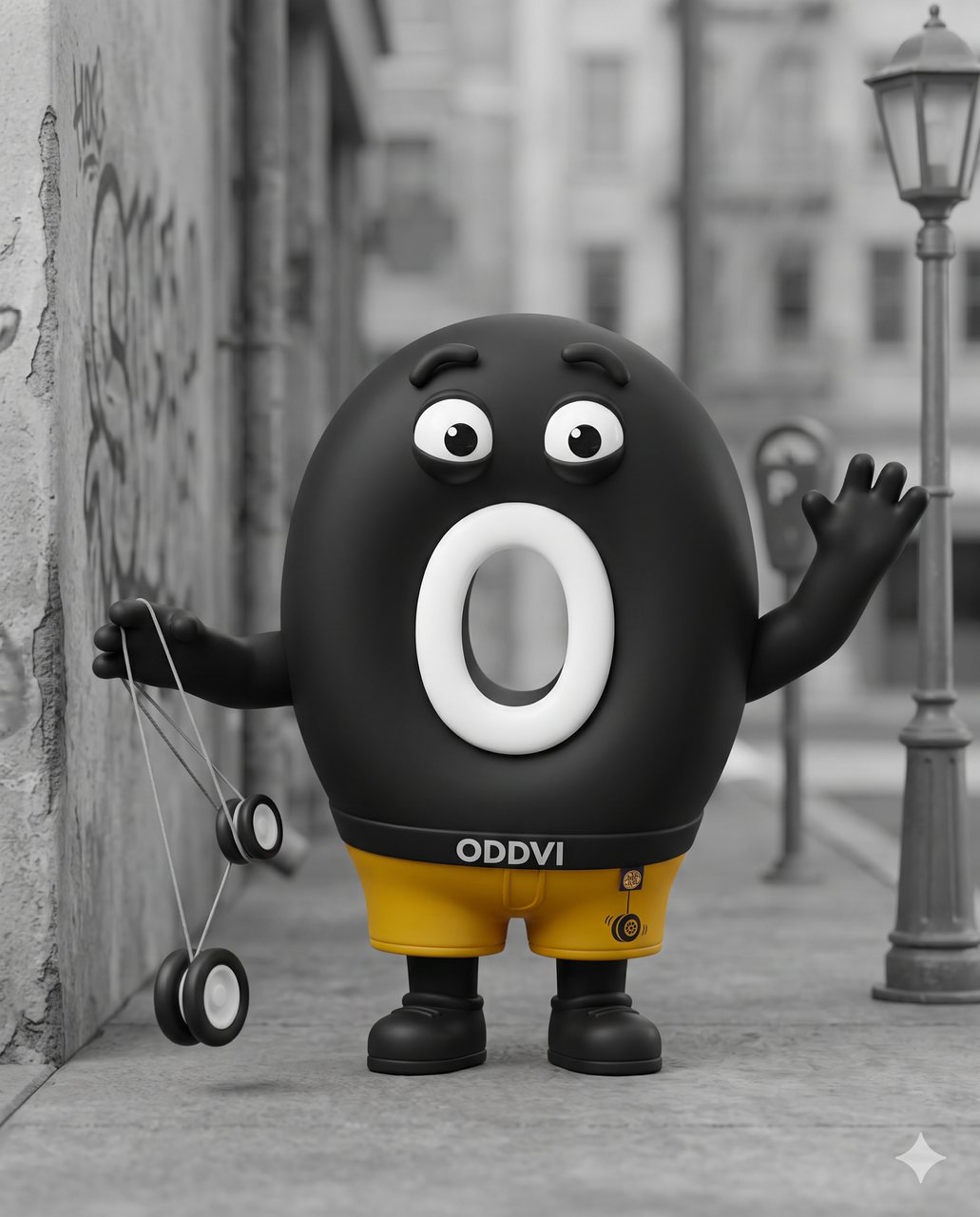 Oddvi waving in a city alley while playing with a yo-yo